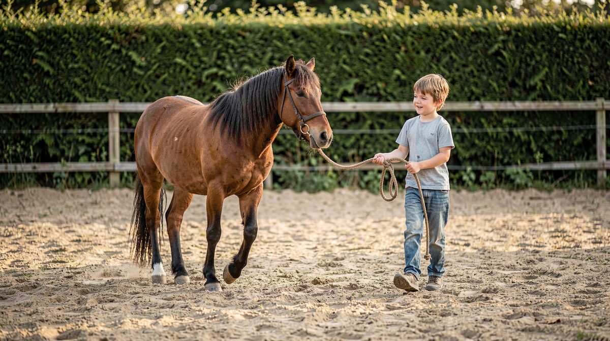 Ein Kind führt ein braunes Pony an einem Strick über einen sandigen Reitplatz, im Hintergrund eine Hecke und weiches Nachmittagslicht, die Kamera auf Augenhöhe des Kindes.